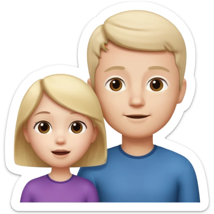A 3D cartoon child looking up at a tall adult, white background, friendly expression, Memoji-style. sticker