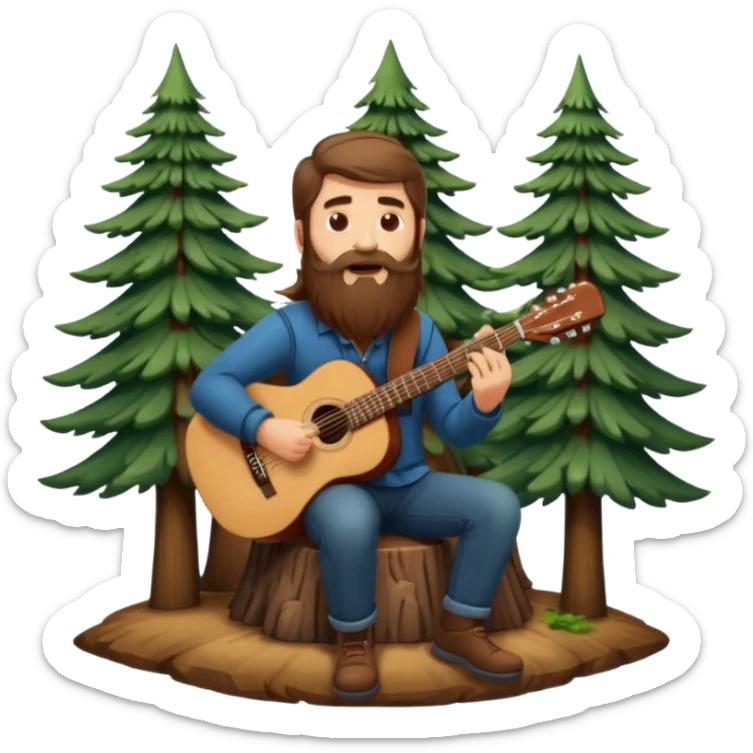 forest sticker character, bearded man with long brown hair playing acoustic guitar by pine trees sticker