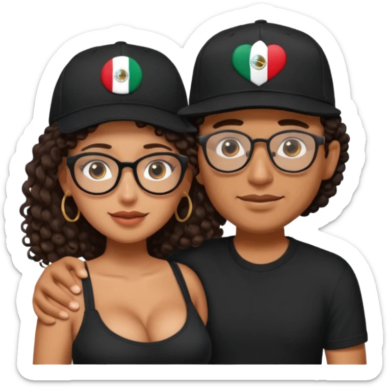 A picture of an embracing tanned couple. the man is a Mexican man with tanned skin, with a bald hair cut wearing a SnapBack hat and a black shirt. the woman is mixed, with long curly dark brown hair and with big boobs and eyeglasses  sticker