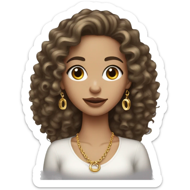 White brunette girl with curly hair and gold jewelry hoop earrings sticker