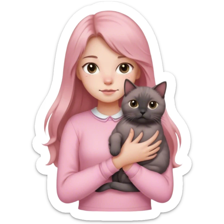 
girl with light brown long hair, grey eyes and fair skin in pink pastel clothes holds a black British cat in her arms sticker