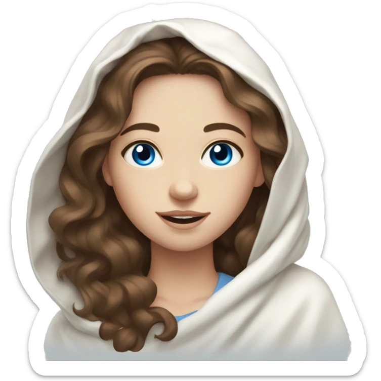 a pale girl with wavy brown hair and blue eyes in a white blanket sticker