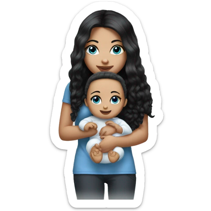 white Girl with black hair and blue eyes playing with baby doll sticker