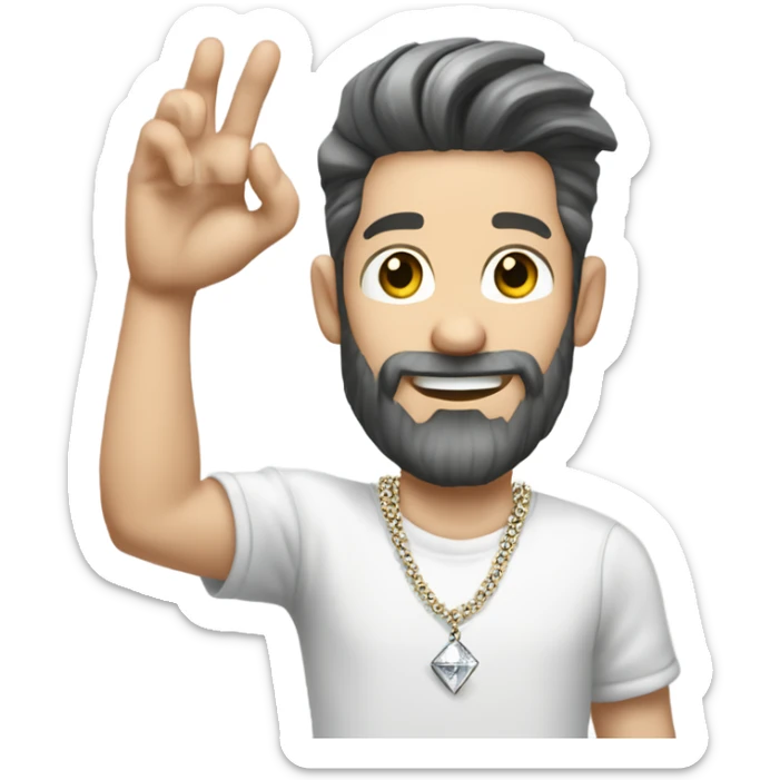 Younger white male with greying dark brown hair, a beard, and tattoos that is wearing a diamond coated white gold necklace, waving hello sticker