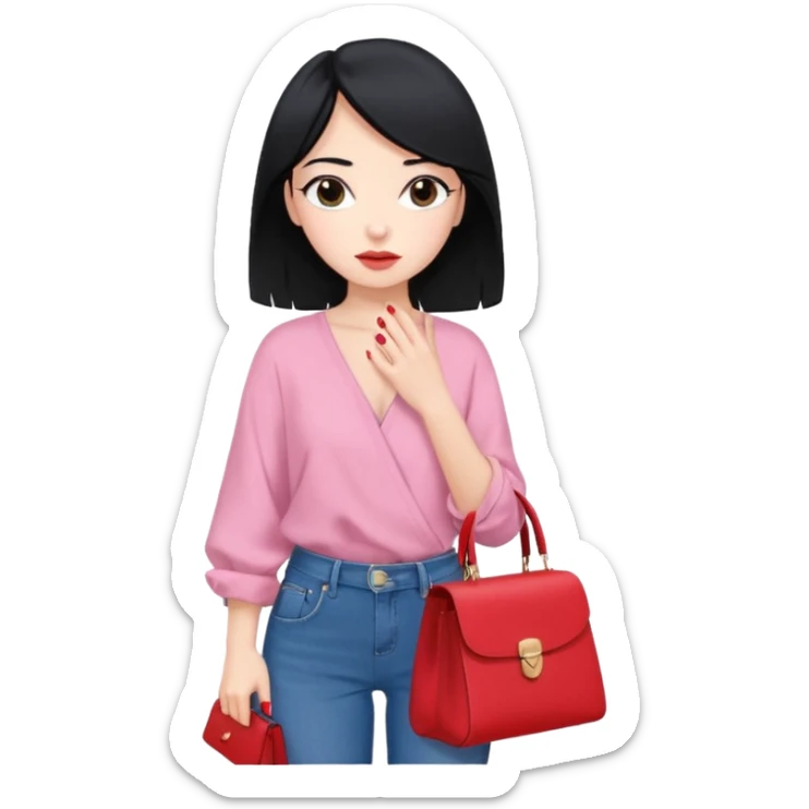 A girl black hair girl, w long light pink nails, wearing a black baggy jeans and blue ￼wrap blouse, w a red bag, her expression is nonchalant  sticker