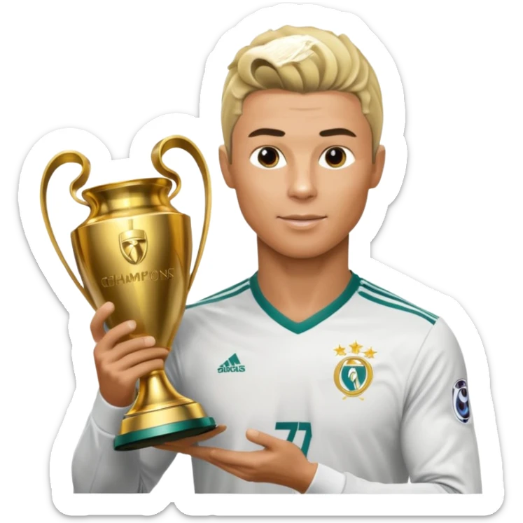 Cristiano Ronaldo holfing the champions league with noodle hair a bit longer noodle hair with a bit of blonde highlights and tge hair xoming down a bit just a bit of blonde not completely sticker