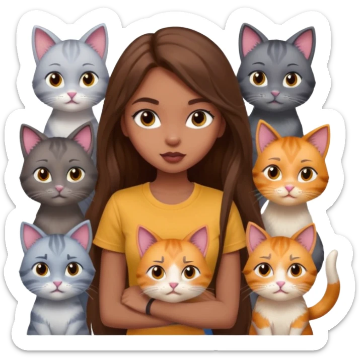 a pretty bratz dusky girl with long brown hair with six cats nd wearing a grey tshirt sticker