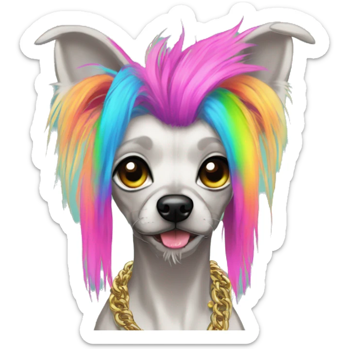 Punk Chinese crested dog neon rainbow hair gold chain piercings tattoos ear piercings sticker
