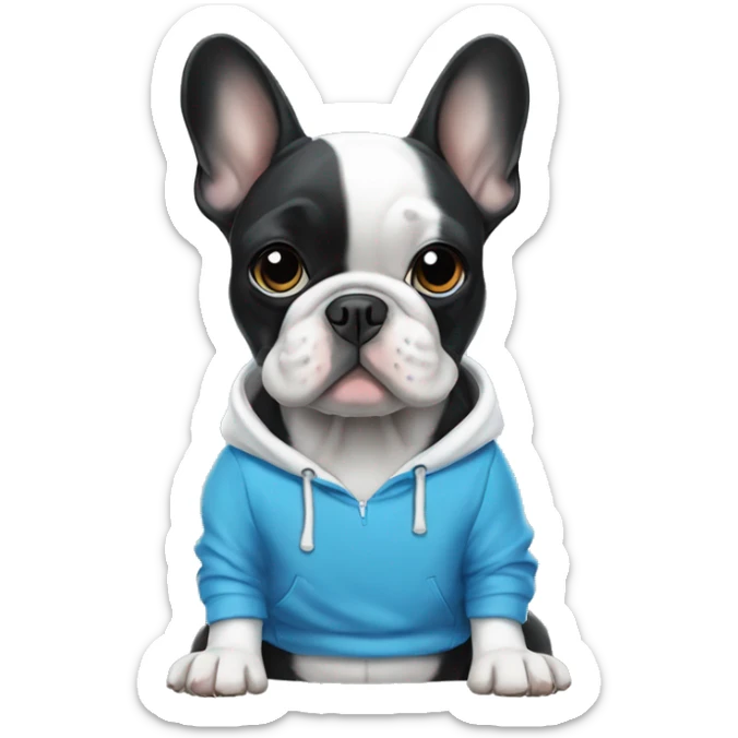 White and black French bulldog wearing blue hoodie sticker