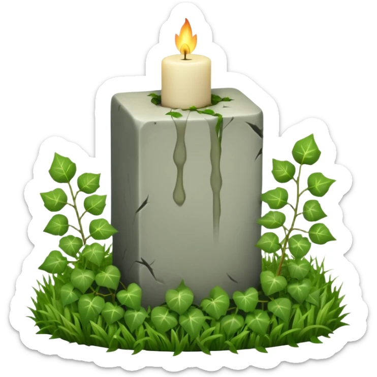 Gravsten med lite ivy som klättrar på den och framför i gräs ett stående vitt brinnande blockljus sticker