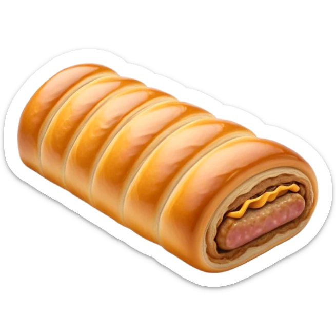 Cinematic Realistic Sausage Roll Dish Emoji, depicted with a crisp, golden pastry wrapped around flavorful sausage, rendered with detailed textures and appetizing lighting. sticker