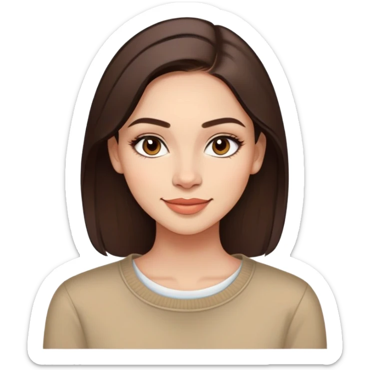 Generate a high-resolution PNG sticker (with a transparent background) of a young woman, based on the provided reference image. The character should have:
 • A youthful, natural look (approximately 18–25 years old) with light skin that shows subtle natural blemishes.
 • Well-defined, expressive eyes accentuated with delicate eyeliner.
 • Medium-full lips with a natural, understated makeup look.
 • Neatly styled hair (dark or light brown, as seen in the reference) that is either tied back or styled in a tidy manner.

The sticker should be created in a modern cartoon or semi-realistic style with clean outlines and vibrant yet balanced colors. Ensure the facial expression conveys a clear emotion (for example, a friendly smile) while preserving the character’s distinctive look from the reference image. The overall design should be simple and eye-catching, ideal for a sticker. sticker
