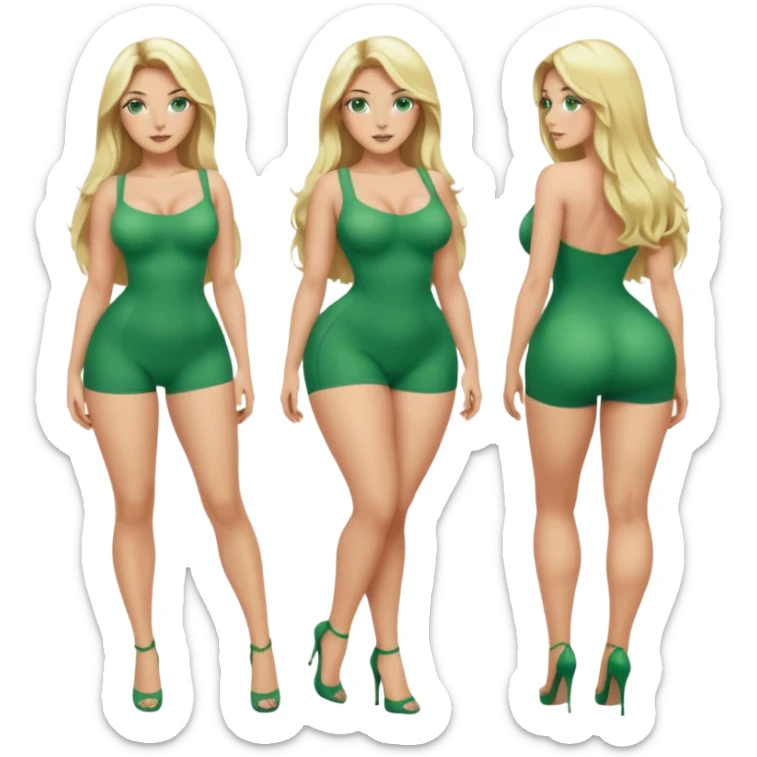 Blonde, green eyed woman with long  hair. She is curvy with a big butt and small breast. She is in sexy clothes nude and full body exposed. She has nice long legs. She is doing sexy pose sticker