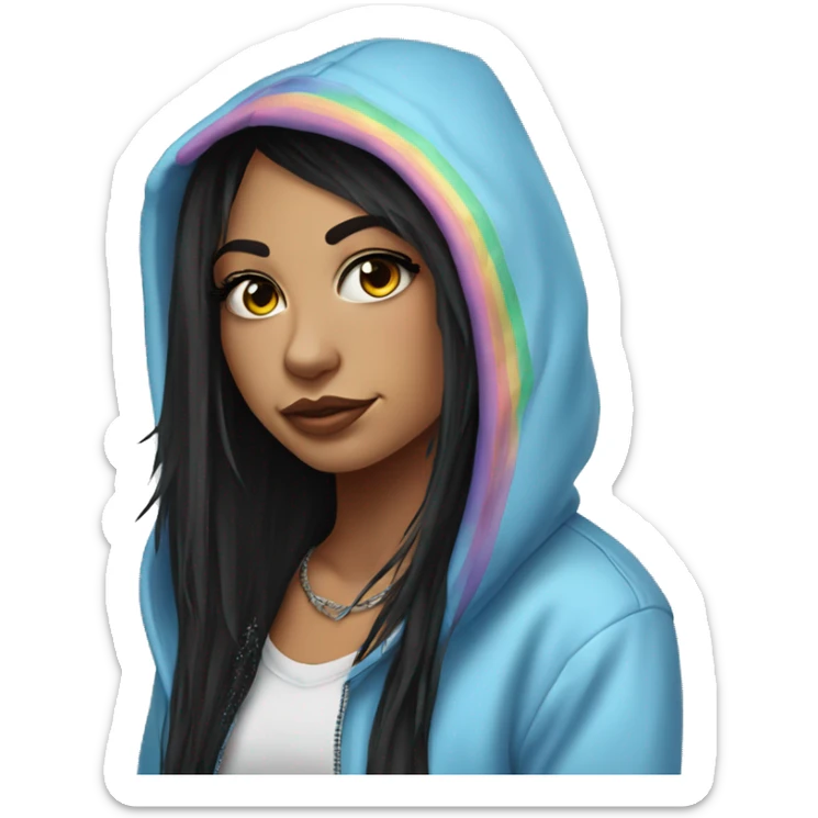 Pretty Girl with tattoos, long eyelashes, winged eyeliner, sky blue eyes, long black hair with rainbow fringe wearing a hoodie sticker