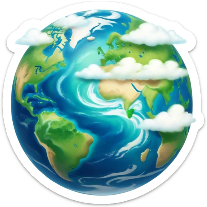 Cinematic Realistic Earth Emoji, depicted with vibrant blue oceans, swirling white clouds, and lush green continents rendered in exquisite detail, high shine, and a soft radiant glow that captures the dynamic, life-sustaining beauty of our home planet. sticker