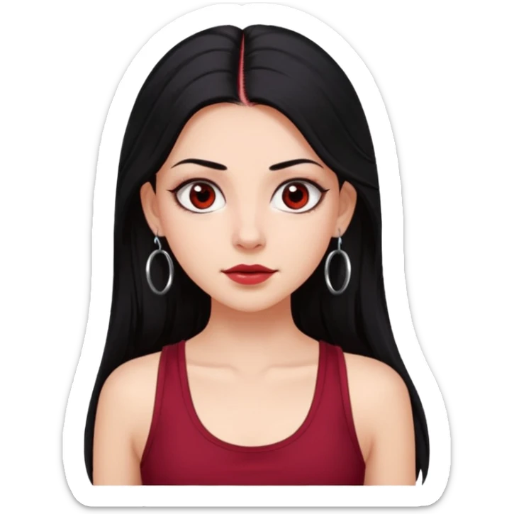 a pretty bratz fair girl with long black hair, kajal under eyes, small silver hoop. Dark cherry red tank top on.  sticker
