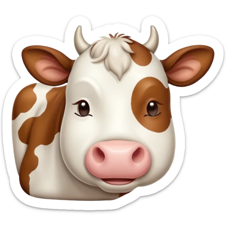 Meme-Worthy Cute Sleeping Brown and White Cow Portrait Emoji, Head resting peacefully with a contented smile, showcasing a robust build and a luxuriously soft patterned hide of brown and white, eyes shut in a serene, restful nap, Simplified yet hilariously adorable features, highly detailed, glowing with a soft, drowsy light, high shine, relaxed and utterly lovable, stylized with an air of playful laziness, bright and heartwarming, soft glowing outline, capturing the essence of a comically sleepy cow, so meme-worthy it feels like it could instantly become the next viral sensation of adorable slumber! sticker