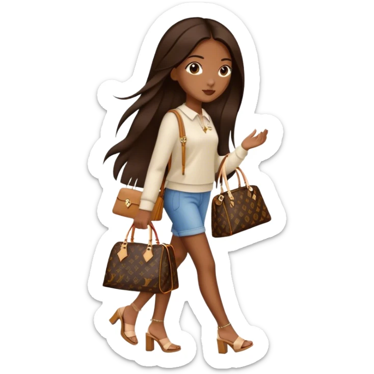  Brown girl with long dark brown medium straight hair carrying one Louis Vuitton purse on her arm while walking  sticker