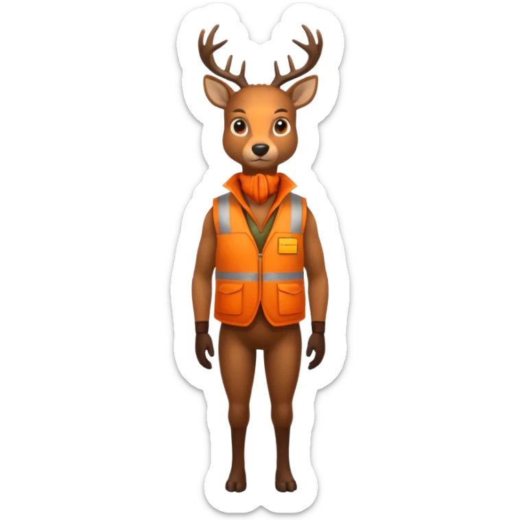 crea un venado de cuerpo completo que lleve un chaleco color naranja y que el chaleco lleve en el lado izquierdo el nombre de (telamon), hazlo mas rudo sticker