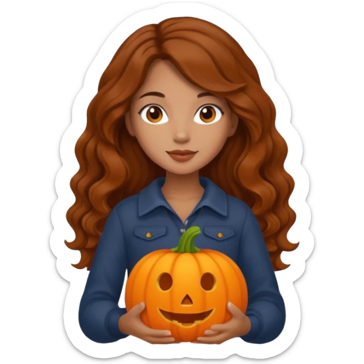 Cozy mixed girl with long wavy brown hair dressed for fall holding a pumpkin  sticker