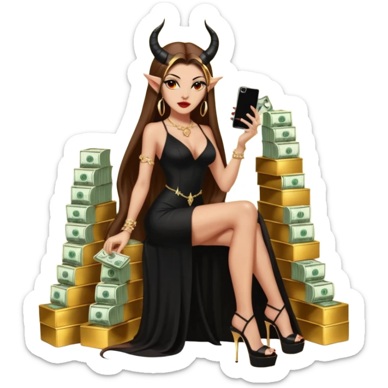 Sensual seductress long brown straight haired sexy drug lord woman with  glitter platform high heels on her feet,  and devil black horns on her head, holding a stack of cash, has a phone in other hand. Sitting on gold cases full of drugs, long black dress with sexy slit sticker