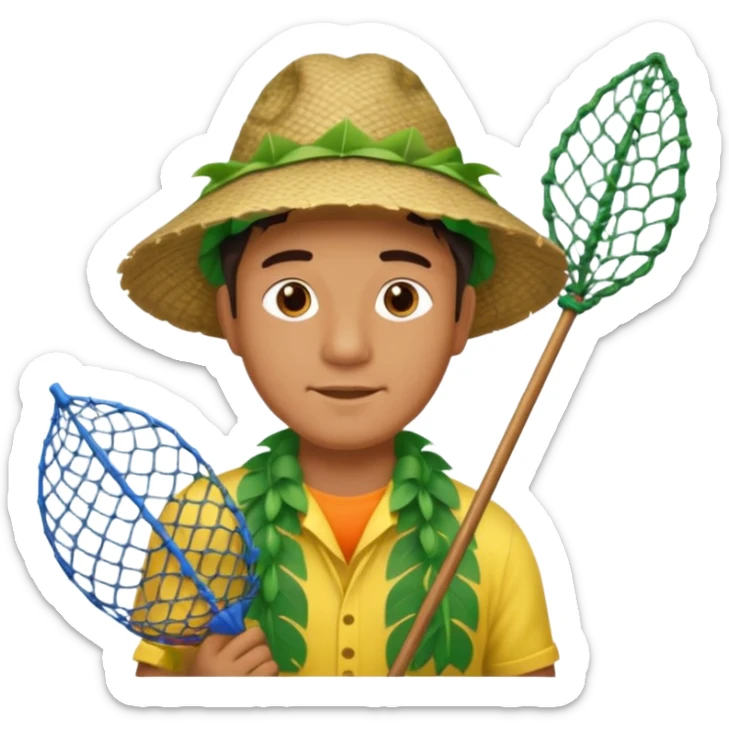 Hawaiian man with leaf hat and big fishing net and colorful cloth sticker