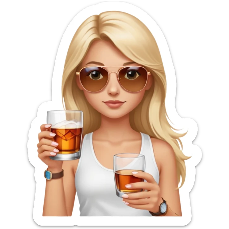 girl with long blond hair
with blue eyes
and aviator sunglasses
wearing white tank top 
holding a glass of whiskey, wearing rose gold apple watch  sticker