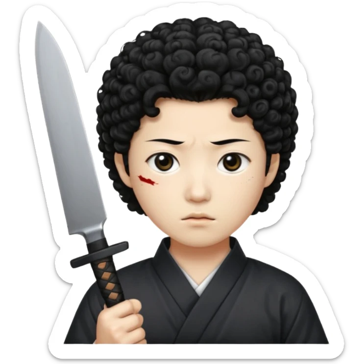 Korean murderer white skin with Asian eyes and holding knife with black Korean perm hair sticker