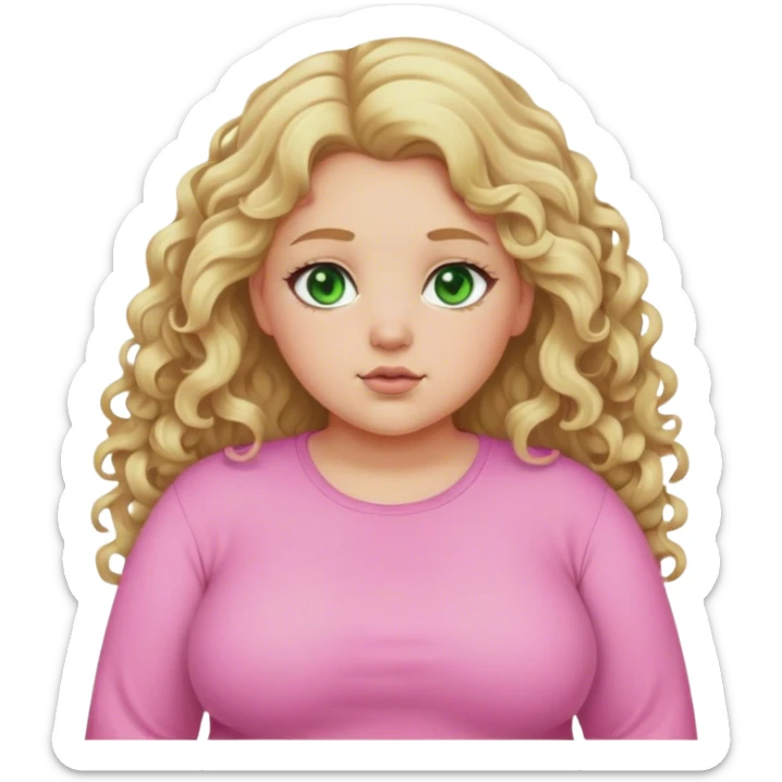 Blonde girl with dirty blonde curly long hair in a pink long sleeve shirt with green eyes make her lil chubby portrait sticker