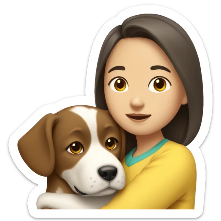 An asian girl with mid length brown hair hugging a white pekingness dog with yellow ear sticker