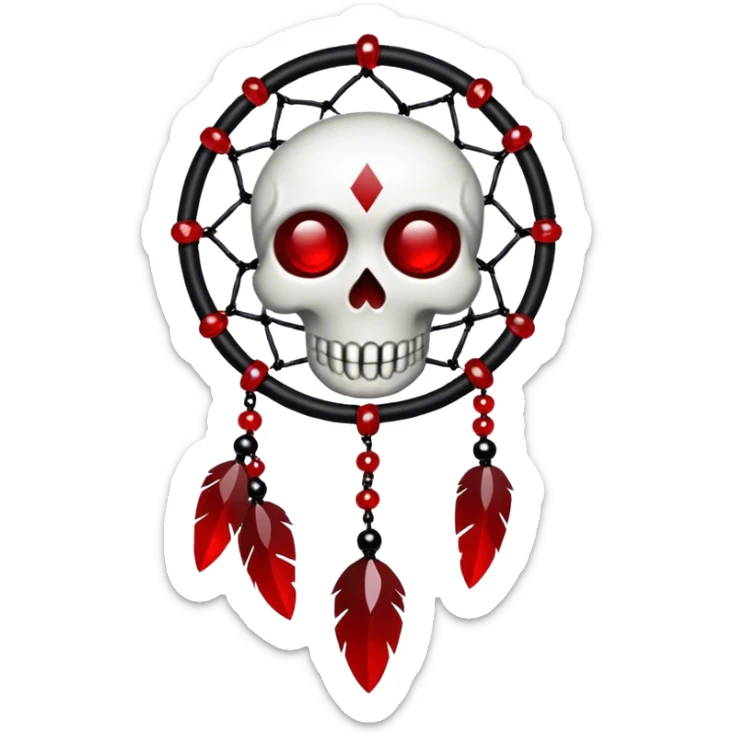 Blood-red, bloody, obsidian-black, edgy, dream catcher, red gemstones, black wires, black threads, tiny white skull, sticker