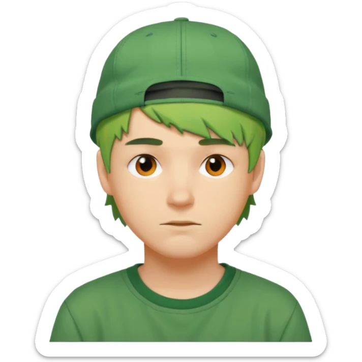 white guy with short messy green hair, orange backwards cap, urban streetwear look sticker