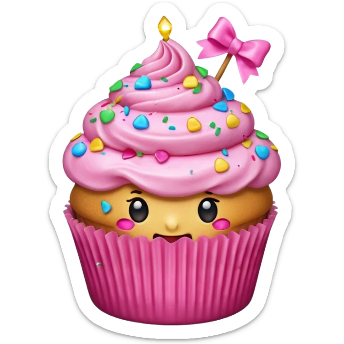 hyper realistic emoji of a bitten cupcake with pink frosting and a small gift bow on top, bitten part showing confetti filling, clean colorful emoji-style design sticker