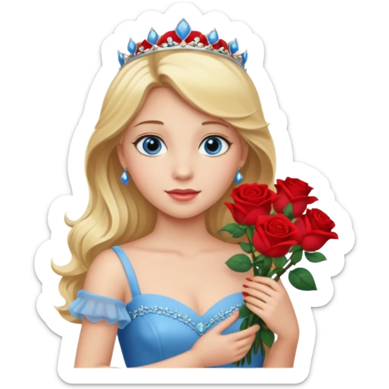 Blonde haired, blue eyes princess holding a bouquet of roses wearing a princess gown sticker