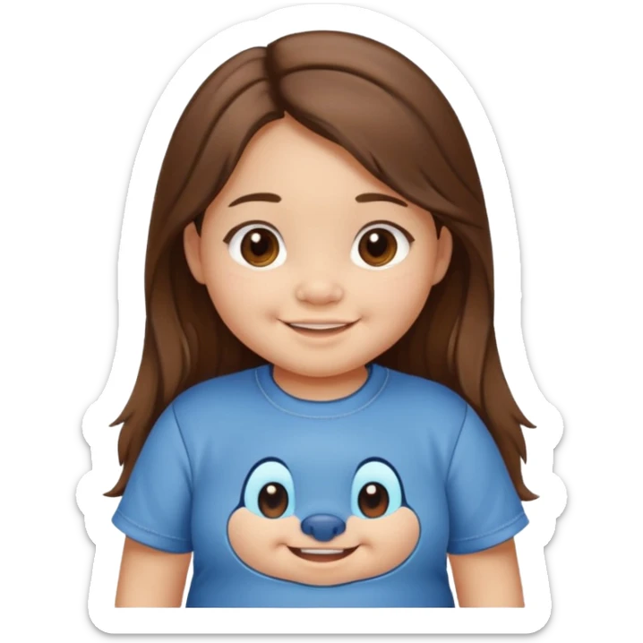 Une petite fille qui a des grosse joux qui est brune qui a les cheveux long et qui a un tee shirt stitch sticker