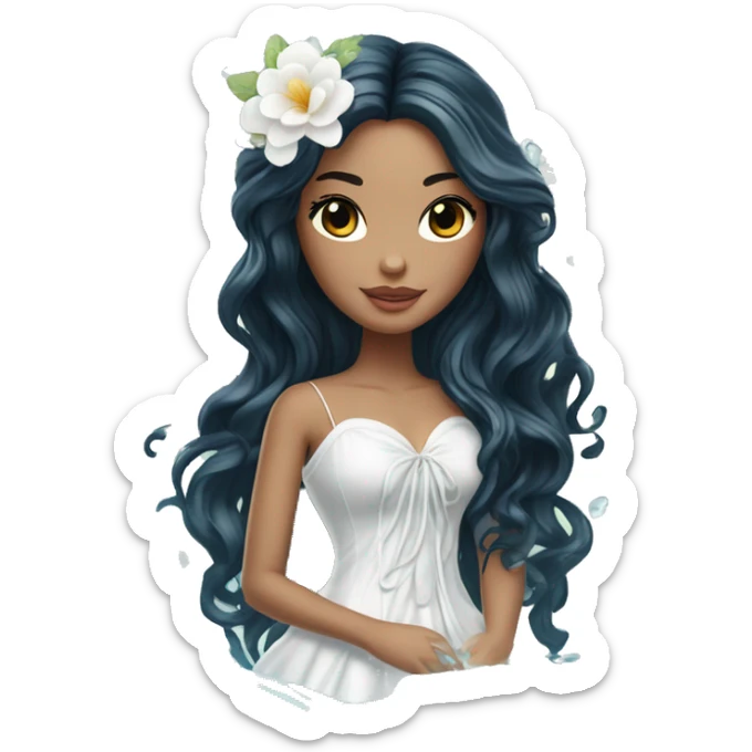 Pretty young Lady doll posing posed pose with long black hair flowers in hair white dress surrounded by flowing water water swirls waves sticker