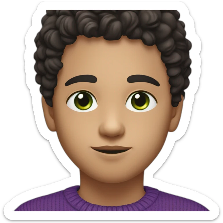 Boy with black curly hair and green eyes in purple sweater. The boy have a skar on nose sticker