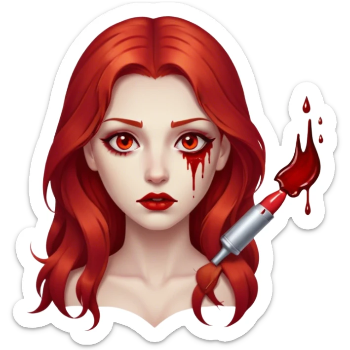 a woman with long red hair and red eyes. She have red lipstick. blood on face and metaphorical chest sticker