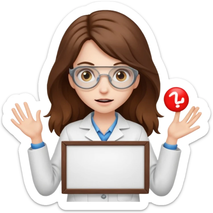 Crazy Girl mad scientist with long brown hair holding large blank sign sticker