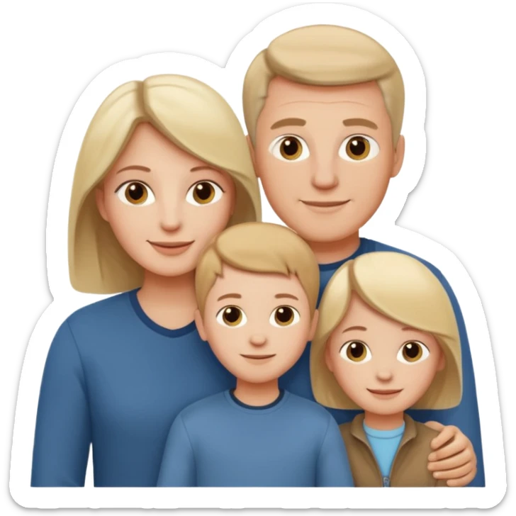 white family emoji: family of three, parents flanking child, all smiling, warm, casual modern clothes sticker