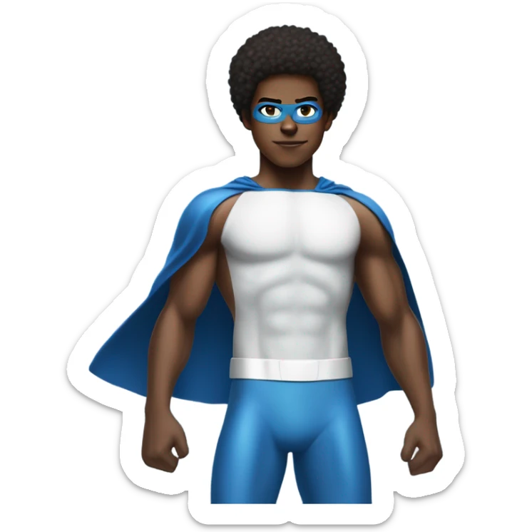 A full body Muscular Afro teenage boy in a Blue Mr. Fantastic superhero costume with a backward number 4 on the chest. sticker