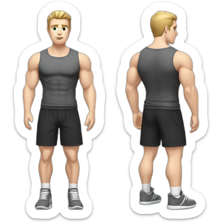 Confused Pale skinned Fit Man With the biceps and dark brown hair in black shirt, gray sports shorts and white Sneakers sticker