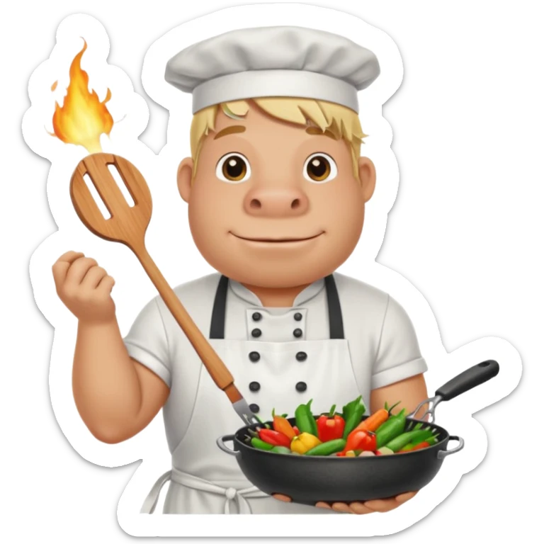 hippo man with tied blond hair and and a white apron grilling vegetables on a sizzling grill sticker