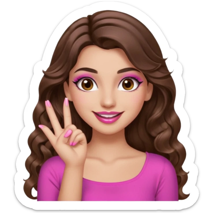 girl with long wavy brown hair, brown eyes, long lashes makeup, sexy pink lips, light to medium complexion, pink sexy top, smiling, hand by the cheek snapping fingers sticker