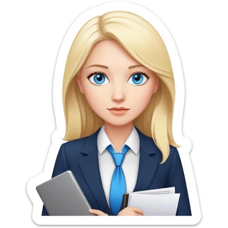 Blonde woman with blue eyes and large breasts, wearing a business suit with a bold neckline. Confident and cold. Foreign Trade Manager with a laptop or documents in hand. Smart, sexy, in control. sticker