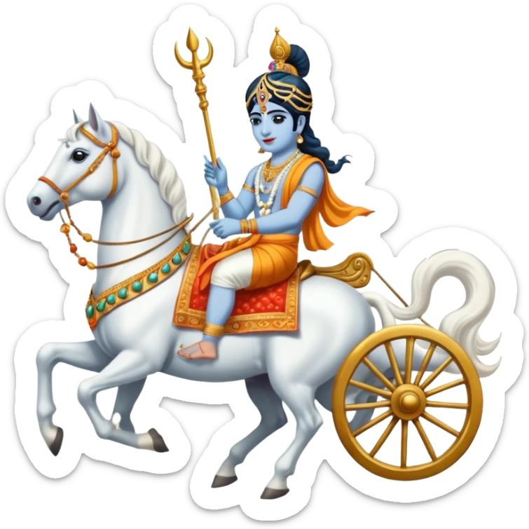 Lord Krishna driving a chariot ,seven white horses in front of the Chariot and Arjun riding the Chariot. sticker
