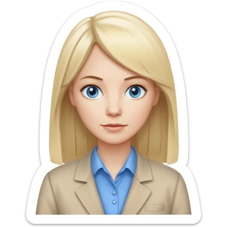 40 yr old white woman, pale skin, long straight blond hair parted in center, blue eyes, bangs, clothes for work sticker