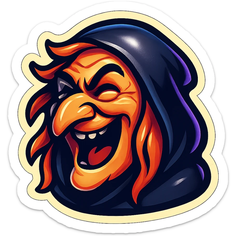 cartoon emoji of cackling witch with hooked nose, wild hair, dark hood, fun expressive style sticker