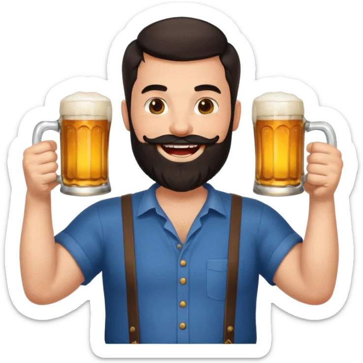 big man in lotus pose, bright skin, dark beard and dark short hair, holding beer mugs sticker