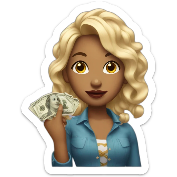 Girl with rolled money in hair and putting lipstick  sticker